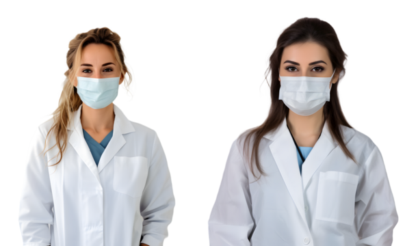 Female doctor wearing mask and gown isolated on a transparent PNG background, white background , Generative Ai