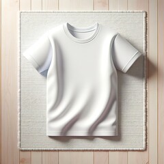 white t shirt, White kids' t-shirt mockup, mockup of a clean, plain white kids' t-shirt laid out flat on a rug over a pastel wooden floor background