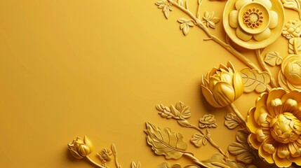 Elegant golden background with intricately designed flowers. It is delicately raised to create a stunning 3D effect, adding depth and richness to the image.
