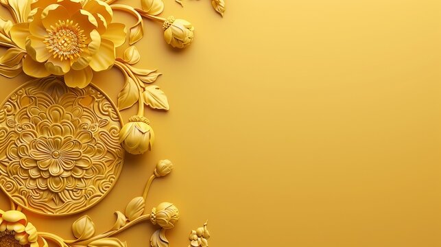 Elegant golden background with intricately designed flowers. It is delicately raised to create a stunning 3D effect, adding depth and richness to the image.