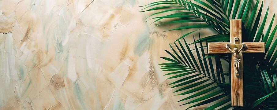 Palm cross and palm leaves. Palm sunday and easter day concept.