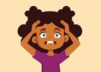 
Sick Little Girl Feeling Exasperated Vector Cartoon Illustration. Stressed schoolgirl feeling anxious and overwhelmed 
