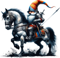 Mystical Gnome Knight in Full Armor on a Majestic Steed isolated on solid white background
