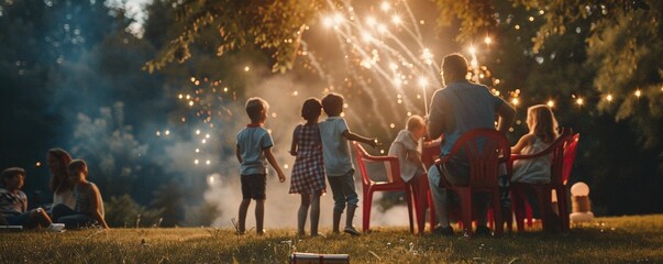 Patriotic holiday celebration of independence day outdoors with firework rockets