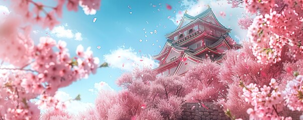 Pink Traditional Japan Castle In Garden With Sakura Blossoms Trees At Spring Equinox Day Flower...