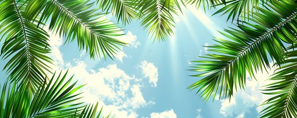Fototapeta premium Palm Sunday concept: green palm tree leaves on natural sky