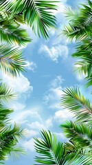 Fototapeta na wymiar Palm sunday concept: Leaves frame of coconut branches with cloudy blue sky background