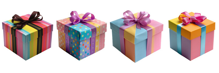 Colorful Gift Boxes with Ribbons Isolated on Transparent Background. PNG