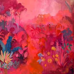 1970s oil painting psychedelic garden in hot reds and hot pinks