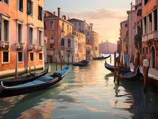 Fototapeta na wymiar A scene of Venice at sunset, with gondolas on shimmering water reflecting the pastel-colored buildings Generative AI