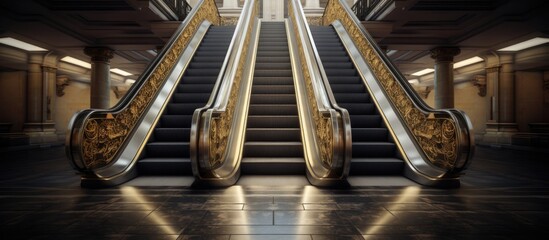 An escalator with a golden railing ascends inside a building, providing a modern and efficient way...