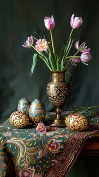 Still life with Pysanky, decorated Easter eggs