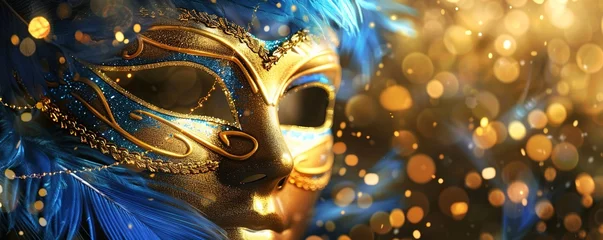 Deurstickers Realistic luxury carnival mask with blue feathers. Abstract blurred background, gold dust, and light effects. © Sanych