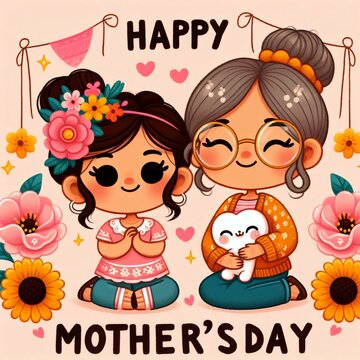 Mother's day celebration design with mom, child and flowers