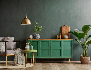 dark background or dark wall with green cupboard, livingroom decoration, 3d render