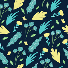 Fototapeta na wymiar Vector floral pattern in doodle style with yellow and blue flowers and butterflies. Spring floral modern background.