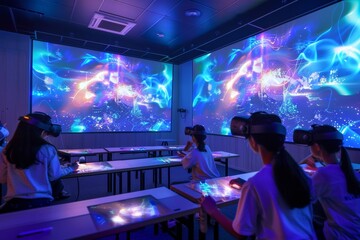 A modern classroom in the future, students learning through interactive 3D projections and virtual reality headsets ,Back to school concept
