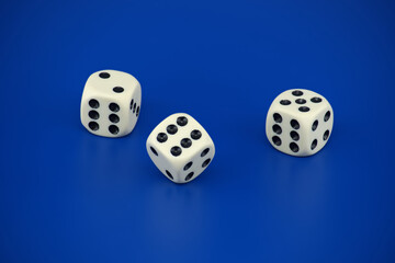 Gaming scene with three dice on blue background