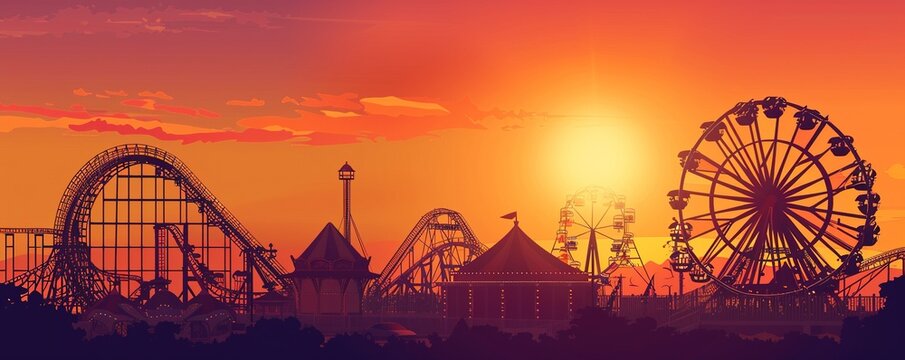 Vector background of amusement park. Poster design invitation of the carnival funfair and amusement with sunset. Ferris wheel, roller coaster and carousel festive parks attractions.