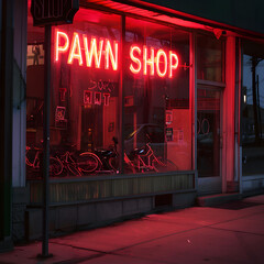 Neon Pawn Shop sign in the window of a Pawn Shop 