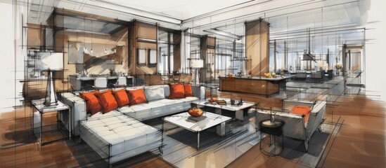 This drawing depicts a contemporary living room featuring plush couches and sleek tables. The design showcases a harmonious layout with carefully placed furniture. - obrazy, fototapety, plakaty