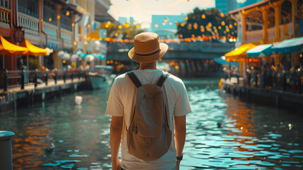 Young Man Overlooking a City River with Backpack in Clarke Quay Central in Singapore