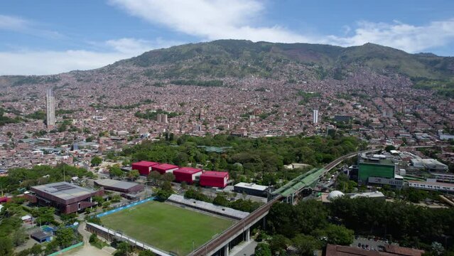 Aerial View of Medellin, Colombia. Public University, Parque Explora and Residential Buidlings