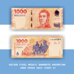 Vector pixel mosaic banknote of Argentina. Bill of 1000 argentine pesos denomination 2023. Obverse and reverse. Play money or flyer. - obrazy, fototapety, plakaty