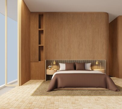 Empty wood wall bedroom on the upper floor of the house is minimalist in style, with wood elements in brown tones, with a view outside the room.3d render