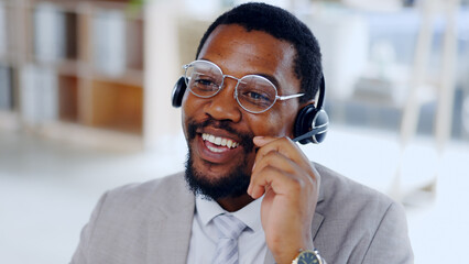 Call center, customer service and happy black man consultant in office for online business with...