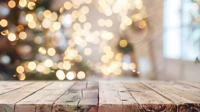 white wooden table with lights decoration blurred effect. selective focus of wooden table in front of decoration. seamless looping overlay 4k virtual video animation background
