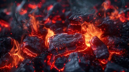 Close-up of red-hot grill briquettes capturing the edgy intensity of a fiery cookout. - obrazy, fototapety, plakaty