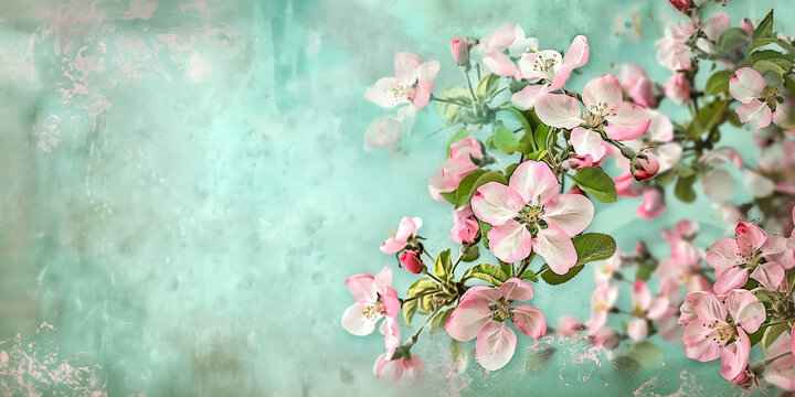 Spring nature background with lovely blossom in blue pastel color, top view retro banner. Springtime concept with weathered background for copy space. Mother’s Day floral illustration by Vita