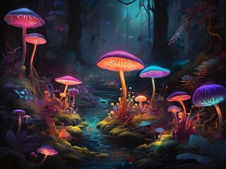 Obraz na płótnie Canvas A whimsical forest filled with glowing, bioluminescent plants and creatures in vivid hues Generative AI