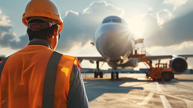 Airport worker overseeing airplane, for travel and occupation-related promotions.