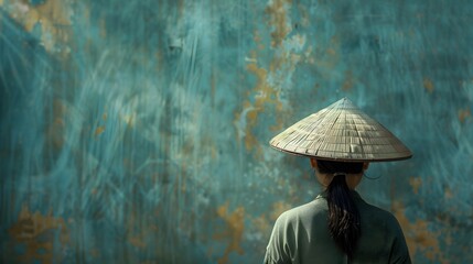 Woman in Asian Hat Standing Against Blue Painted Wall in Traditional Style