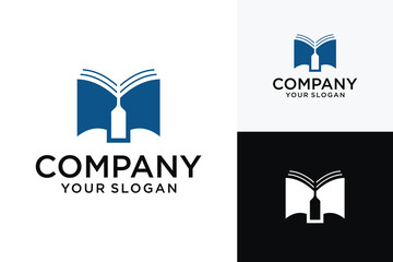 Bottle and Book Logo Design Vector. Book logo design inspiration with glass logo design. Premium Vector