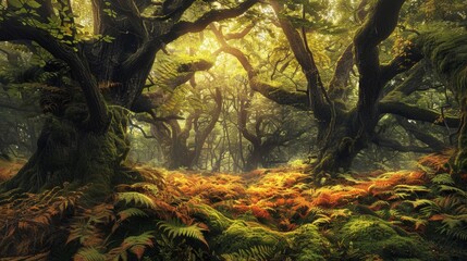 Temperate deciduous forest autumn forest red orange.An ancient forest with giant trees and a carpet of ferns oak beech maple. Daytime mysterious and ancient nature landscape fantasy nature background
