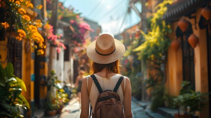 Female Traveler Exploring a Narrow Street in Vietnam