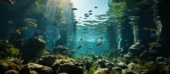 landscape underwater view of school fish swimming in the wild in fresh sea water - obrazy, fototapety, plakaty