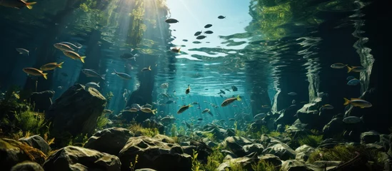 Foto op Canvas landscape underwater view of school fish swimming in the wild in fresh sea water © MBRAMO