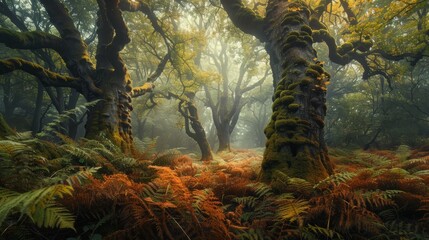 Temperate deciduous forest autumn forest red orange.An ancient forest with giant trees and a carpet of ferns oak beech maple. Daytime mysterious and ancient nature landscape fantasy nature background
 - obrazy, fototapety, plakaty