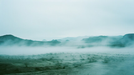 analogue still high angle shot of a foggy Dessert landscape