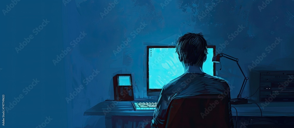 Poster a man is seated in front of a computer monitor, focusing on the screen while working or studying. th