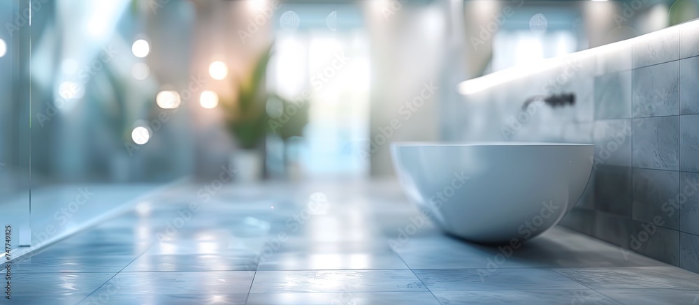 Poster a white bowl is placed on top of a tiled floor, creating a simple yet elegant composition in a bathr