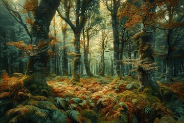 Temperate deciduous forest autumn forest red orange.An ancient forest with giant trees and a carpet of ferns oak beech maple. Daytime mysterious and ancient nature landscape fantasy nature background
 - obrazy, fototapety, plakaty