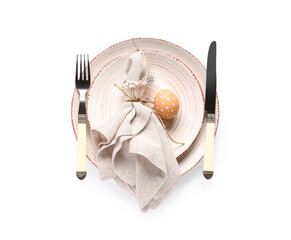 Beautiful table setting with painted Easter egg and gypsophila flowers on white background