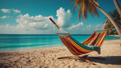 Hammock with palm trees on a sandy beach View