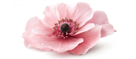 A pink flower is prominently displayed against a clean white background, showcasing its delicate petals and vibrant color. The simplicity of the composition highlights the beauty of the flower.
