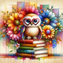Cute owl with glasses heart, stack of books, flowers, children's cartoon character waterclor illustration